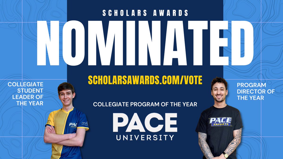 PaceUEsports's tweet photo. Proud to announce that we received 3 nominations for the Scholar Awards! 

Go to https://t.co/yabeNhS51g and vote:
✨Pace Esports for "Collegiate Program of the Year"
 ✨Jesse Bodony for "Program Director of the Year"
 ✨ Arthur Nagels for "Collegiate Student Leader of the Year" https://t.co/esLOgV6XyW