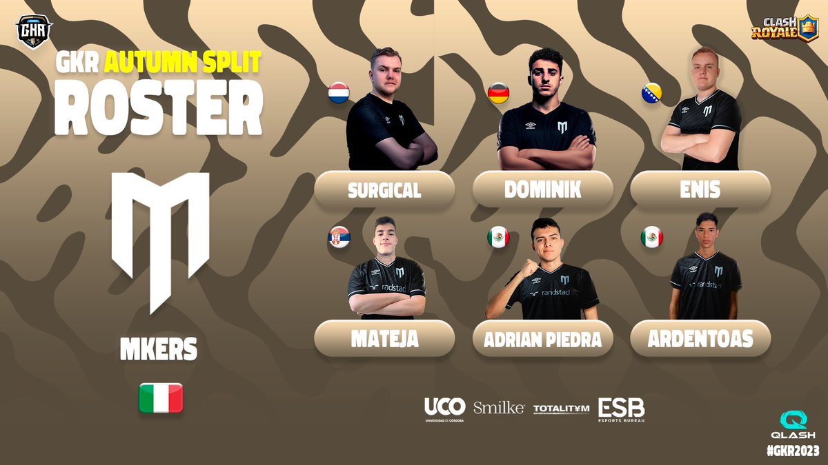 GKR 2025 (@gkrleagues) on Twitter photo ๐ #GKR2023 - ROSTERS
๐ฎ๐น <a href="/mkersofficial/">Mkers</a>
๐ฃ๏ธ๐ฎ๐น <a href="/amarildotama/">Amarildo</a>
๐ฃ๏ธ๐ฎ๐น <a href="/ErcoMobile/">Erco ๎จ</a>
๐ค๐ณ๐ฑ <a href="/SurgicalGoblin/">Surgical Goblin</a>
๐ค๐ฉ๐ช <a href="/DOoOM_cr/">DOoOM</a>
๐ค๐ง๐ฆ <a href="/Enis_CR2/">Enis_CR</a>
๐ค๐ท๐ธ <a href="/Mateja_CR/">Matejaโข๐ท๐ธ</a>
๐ค๐ฒ๐ฝ <a href="/adrianpiedracr/">AdrianPiedra</a>
๐ค๐ฒ๐ฝ <a href="/ardentoas191/">STMN Ardentoas</a>
<a href="/EsportsRoyaleEN/">Clash Royale Esports</a> ๐ #GKR2023 - ROSTERS
๐ฎ๐น <a href="/mkersofficial/">Mkers</a>
๐ฃ๏ธ๐ฎ๐น <a href="/amarildotama/">Amarildo</a>
๐ฃ๏ธ๐ฎ๐น <a href="/ErcoMobile/">Erco ๎จ</a>
๐ค๐ณ๐ฑ <a href="/SurgicalGoblin/">Surgical Goblin</a>
๐ค๐ฉ๐ช <a href="/DOoOM_cr/">DOoOM</a>
๐ค๐ง๐ฆ <a href="/Enis_CR2/">Enis_CR</a>
๐ค๐ท๐ธ <a href="/Mateja_CR/">Matejaโข๐ท๐ธ</a>
๐ค๐ฒ๐ฝ <a href="/adrianpiedracr/">AdrianPiedra</a>
๐ค๐ฒ๐ฝ <a href="/ardentoas191/">STMN Ardentoas</a>
<a href="/EsportsRoyaleEN/">Clash Royale Esports</a>