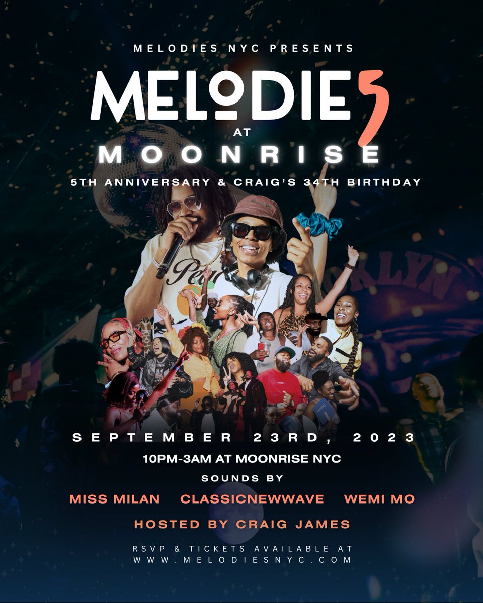 CraigMoolah's tweet photo. Saturday Night 9.23 I'm celebrating 34 at our 5-year anniversary party with a stellar DJ line-up. Free til 12a w/ RSVP.
Sounds by @DJMissMilan @classicnewwave #wemi
hosted by yours truly. #melodiesatmoonrise
#melodiesweekend2023 https://t.co/tXOUYDXIDi https://t.co/GCq0DXPhwY
