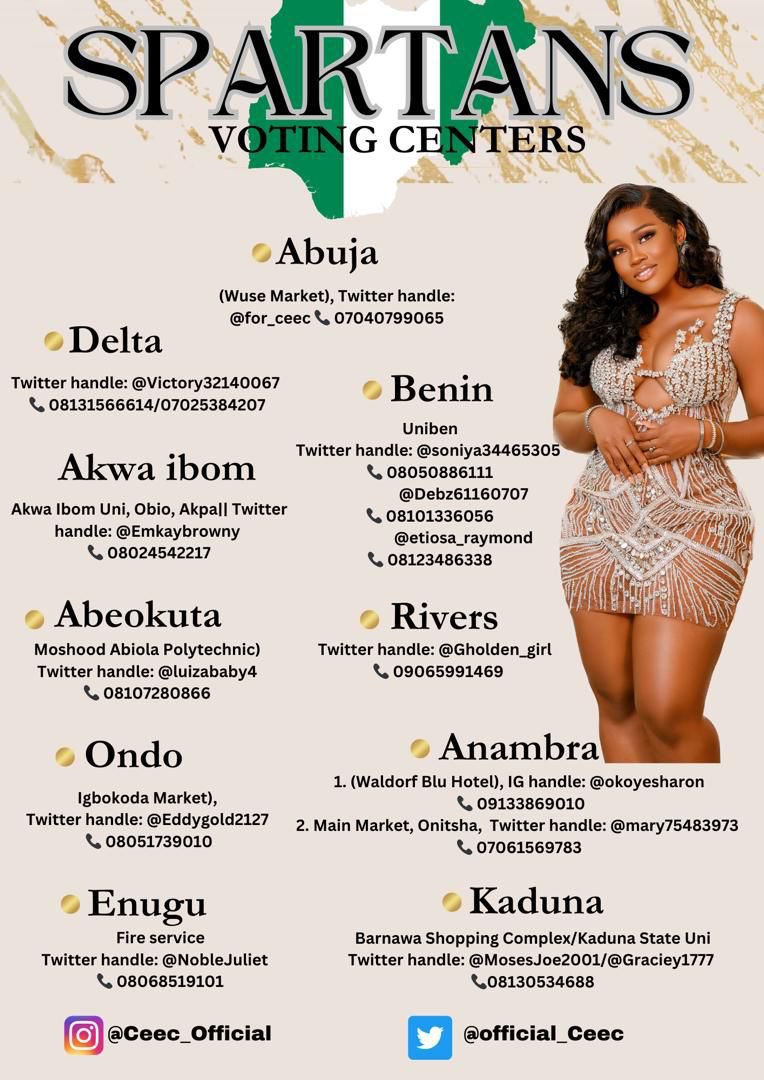 Official_CeeC's tweet image. SPARTANS‼️‼️ NEXT WEEK IS WAR! And the only way we can win this battle is by voting Non-Stop from Sunday when the voting lines open till when it closes!!! 

Locate your voting centers below and come through for Ceec‼️ Let’s make this win happen‼️‼️

THE 120M IS FOR CEEC 
SPARTANS…