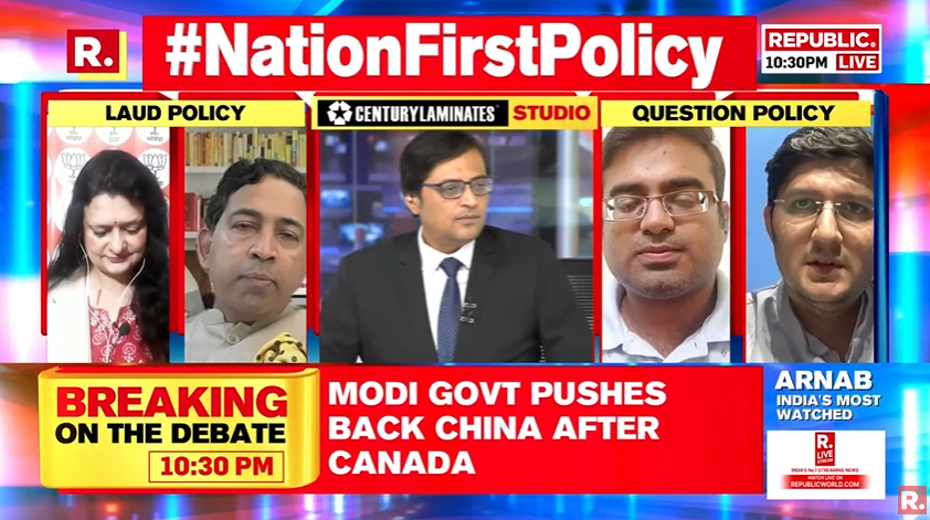 republic's tweet photo. #NationFirstPolicy | Cancellation of Sports Minister's visit to China sends a clear message that it is a 'New India' that they are dealing with. Our muscular policy will take China on its own terms. Which was the country that banned TikTok? Even the US is debating, India went ahead and banned it: Saurabh Shukla, Editor in Chief, https://t.co/sywvrzz9Oa
Watch the Nation's Sharpest Opinion with Arnab and fire in your views- https://t.co/XS9E3UNwUn
#China #XiJinping #Canada #JustinTrudeau #India #IndiaCanadaRow #CanadianPM #India #PMModi #NarendraModi #Arnab #ArnabGoswami