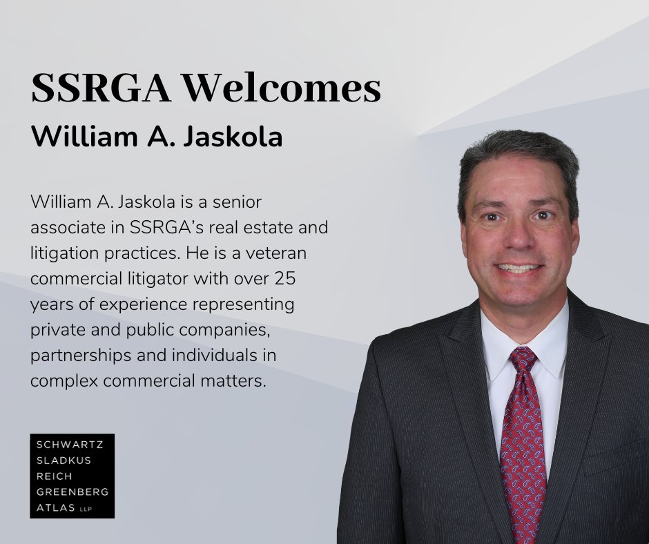 SSRGALaw's tweet photo. SSRGA welcomes William A. Jaskola as senior associate focusing on real estate and litigation in our New York office. For William’s full bio please click below.

https://t.co/bXtVtNvAgo https://t.co/y8OKPXF9YI