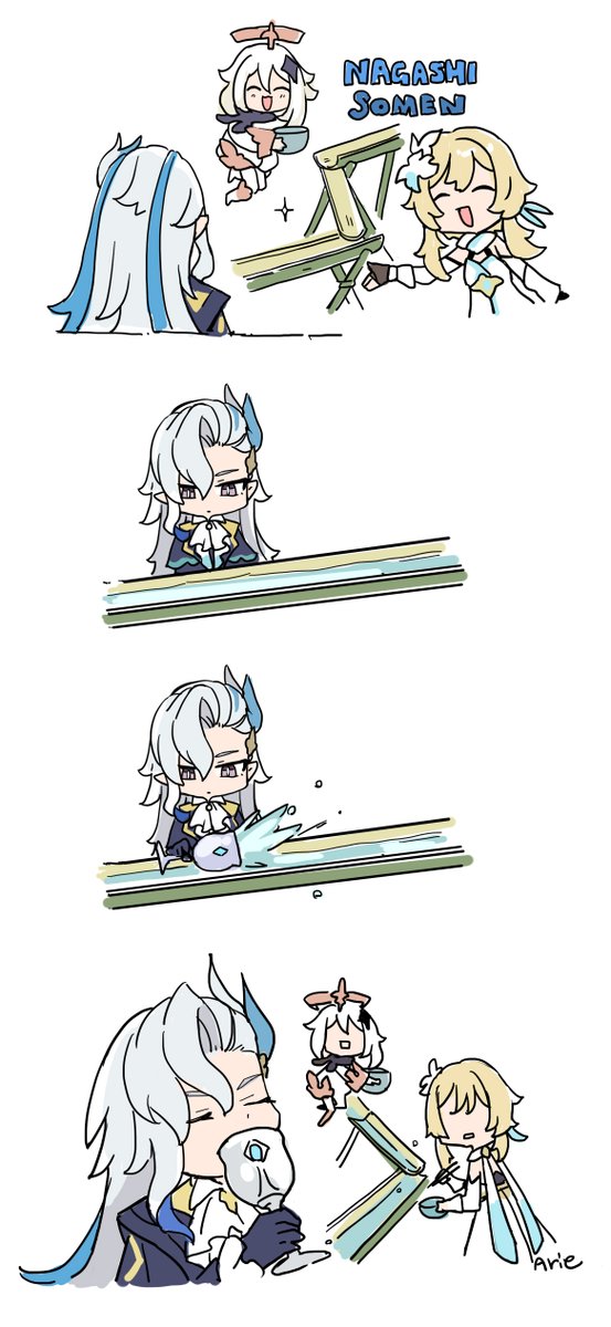 arie_game's tweet photo. 流しそうめんとヌヴィレット。 https://t.co/C2O3ueedI5