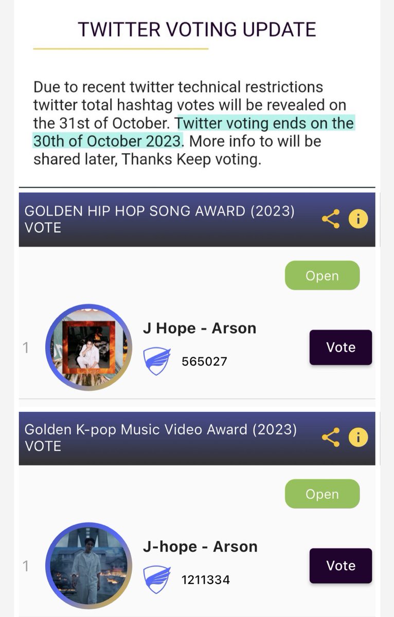 📣 POP GOLDEN Notice: Twitter voting ending early: 10.30 Also vote on app - max 1500 votes daily! GOLDEN HIP HOP SONG AWARD (2023) VOTE vote.popgolden.org/vote/169245199… Golden K-pop Music Video Award (2023) VOTE vote.popgolden.org/vote/169243953… I vote #jhope for #PopGoldenAwards