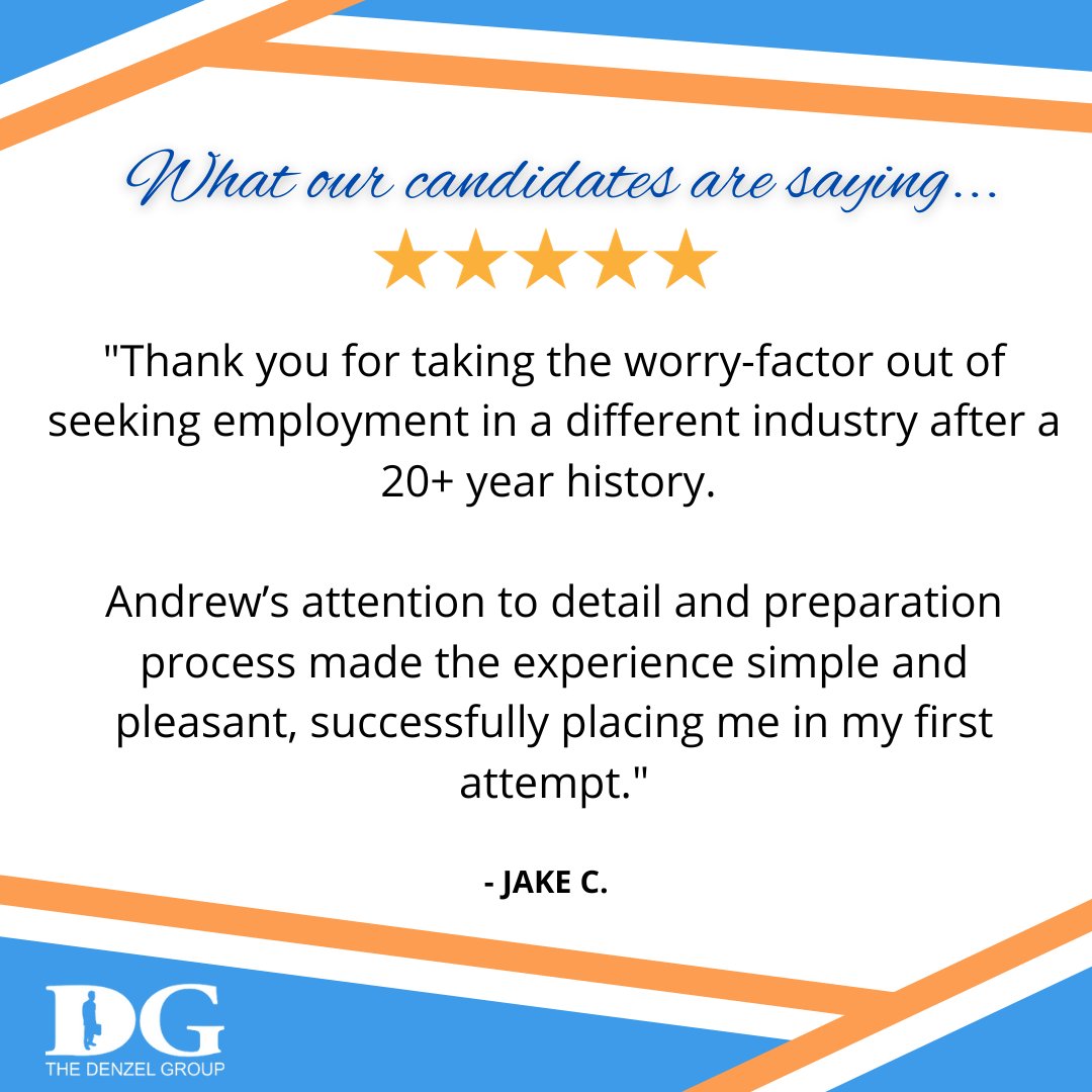 Changing jobs - and industries - can be nerve-racking.

Let us help take the 'worry-factor,' as our candidate Jake states, out of the equation for you.

#changingjobs #ITrecruiting #jobseekers #ITstaffingagency #interviewprocess #candidateexperience #TheDenzelGroup