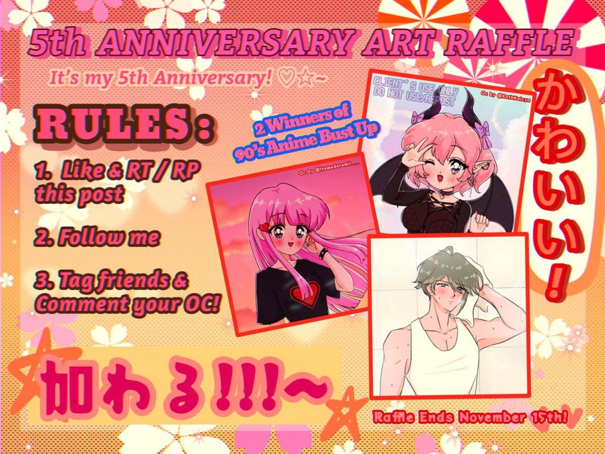 RiriiiChu's tweet photo. 🌈⭐️5TH ANNIVERSARY ART R4FFLE!⭐️🌈

It’s been 5 years already and im still here bc of everyone, Thank you so much for the support! 💕

🌸How to Enter?🌸
1. Like &amp; Rt this post
2. Gib Riri a Follow! ÙuÚ
3. Tag friends &amp; comment your OC

+1 winner @ 800 followers

GOODLUCK!~⭐️⭐️⭐️ https://t.co/iqQ5ULyJ7c