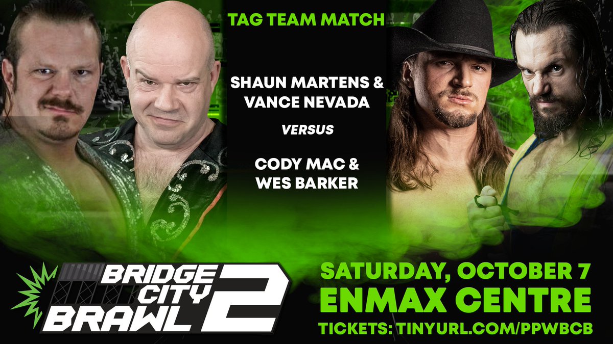 An exciting tag team match rounds out the card for Lethbridge's biggest pro wrestling event of all time as @shaunmartens and Vance Nevada join forces to take on Wes Barker and @CrudeOilCodyMac.