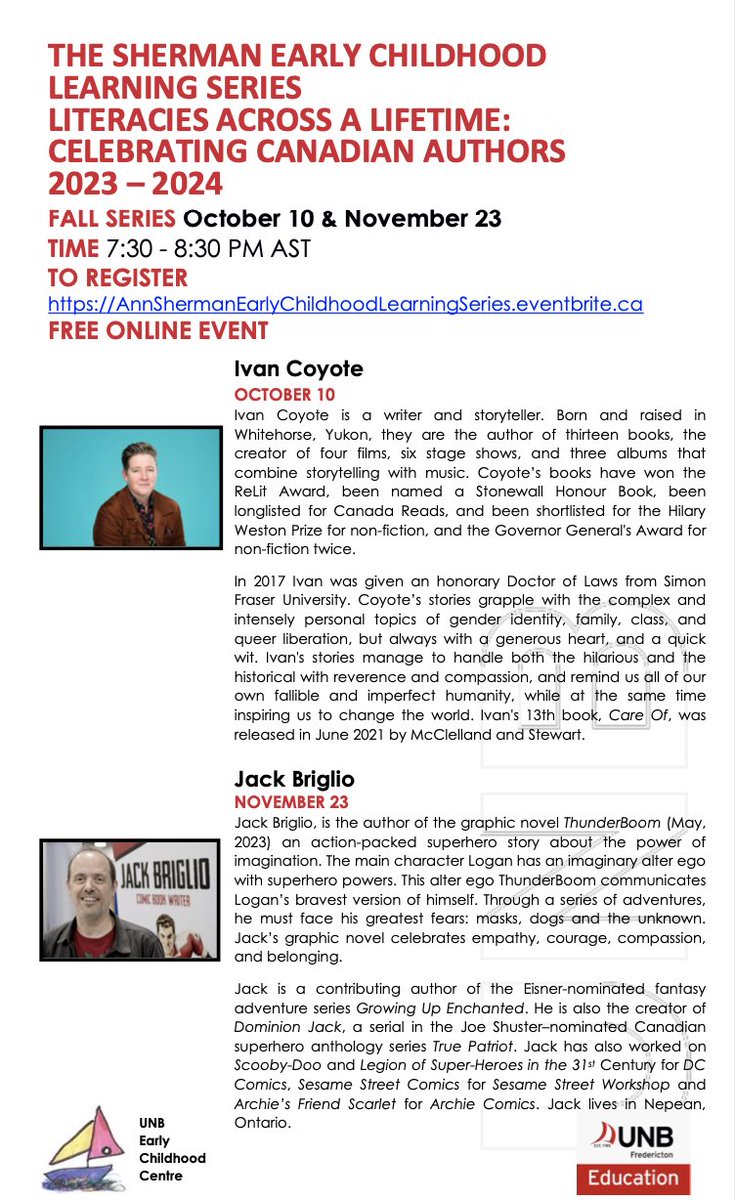 The Sherman Early Childhood Learning Series Literacies Across a Lifetime is thrilled to welcome @ivancoyote & @jackbriglio! Join us for conversations about what it means to be diverse literate learners across a lifetime. #shelfietalk eventbrite.ca/e/the-sherman-…