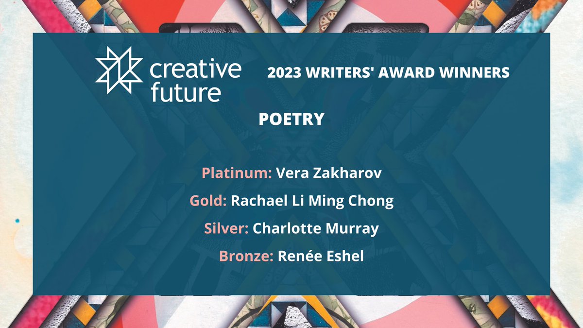 Verushka's tweet image. Huge congrats to fellow #CFWA 2023 poetry winners @rhubarbpostcard @charlouwriter and Renée Eshel, and the CNF and fiction category winners and commended writers. I can't wait to be in the company of talented #UnderrepresentedWriters and meet you at the showcase! ✨