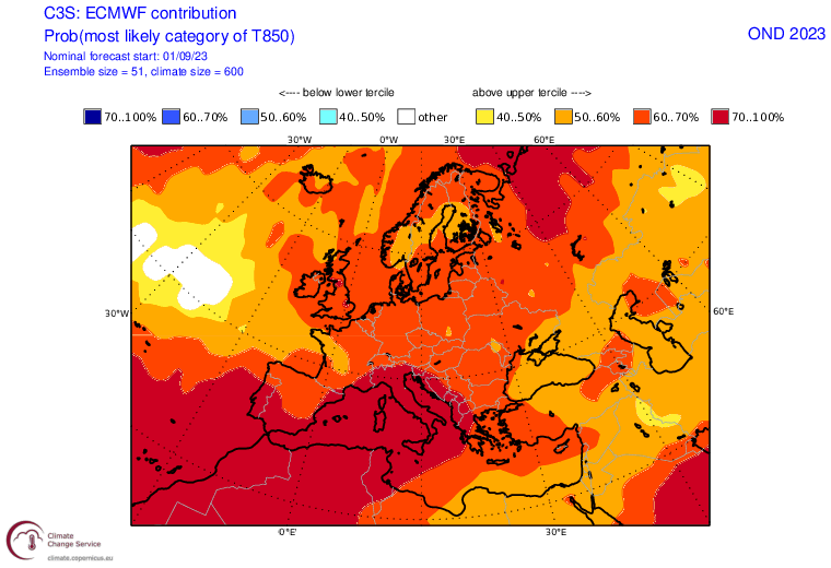 alexmegapc's tweet photo. Els mapes estacionals del model europeu, no porten masses bones notícies de com serà la tardor. A Catalunya  estem a un 70% o més de probabilitat d'estar en el tercil superior de temperatures respecte mitjana climàtica. Quant a precipitacions, el  model té dubtes, sense definir. https://t.co/sORMiJvbAH