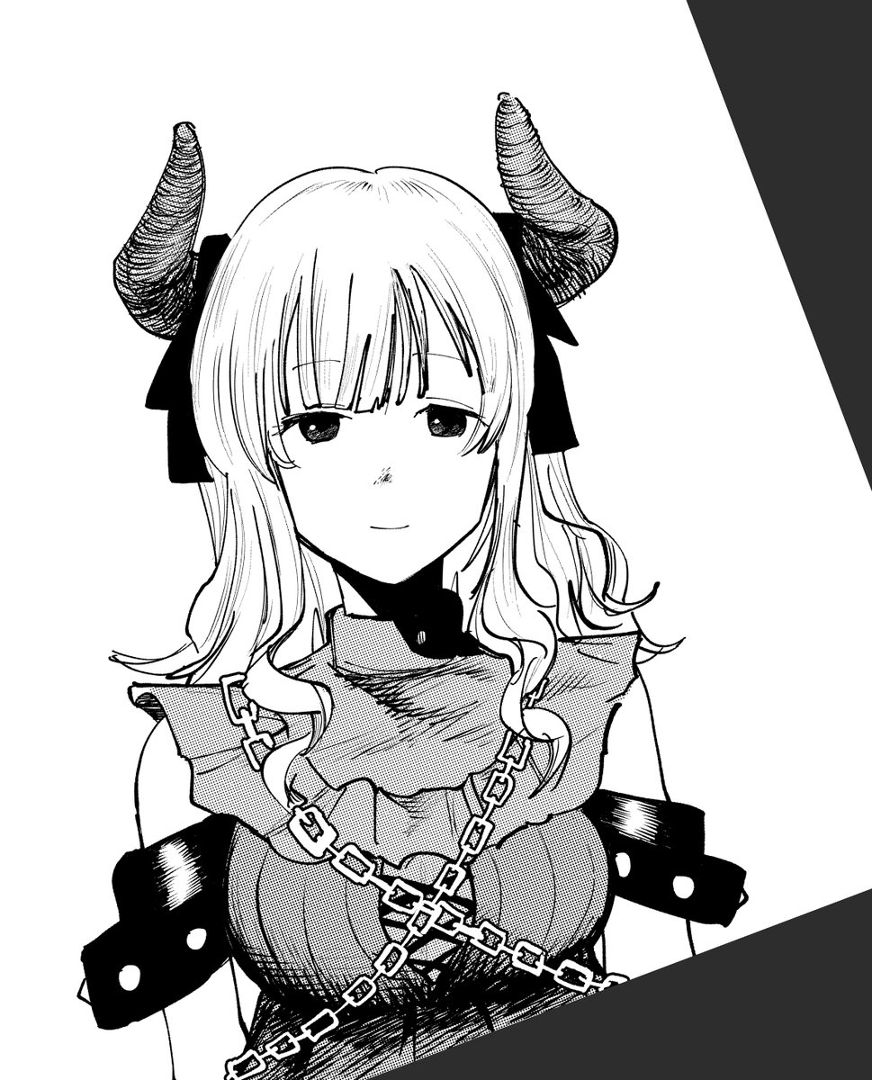 1girl greyscale horns monochrome solo chain looking at viewer  illustration images