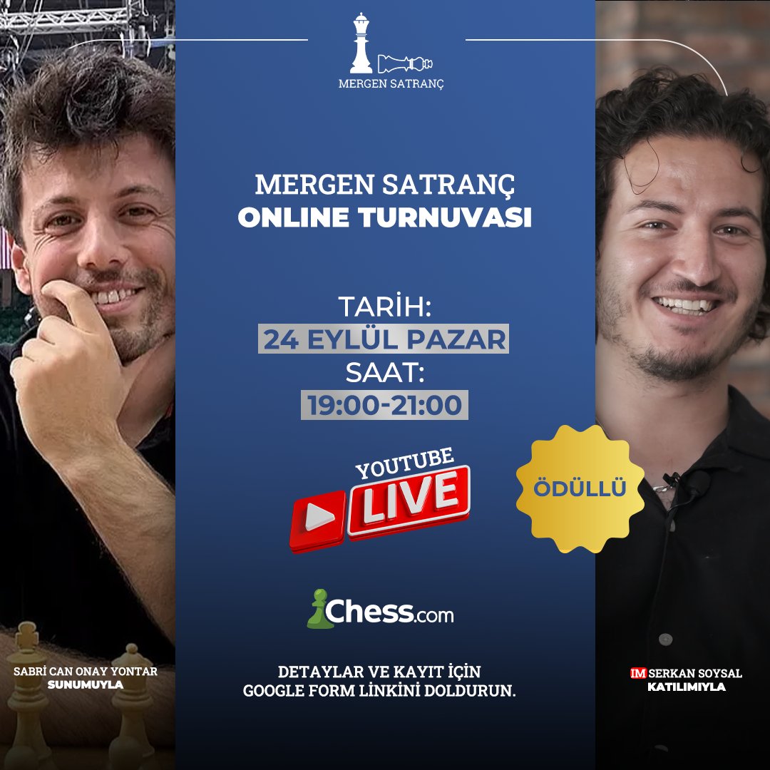Mergen Satranç (@mergensatranc) on Twitter photo Mergen Satranç olarak, 24 Eylül Pazar günü müthiş bir online ödüllü turnuva ile karşınızdayız! 🤩
Bu hafta Mergen Satranç Ailemize katılan Sabri Can Onay Yontar'ın anlatımı ve Mergen Satranç kurucusu Serkan Soysal’ın konuk olacağı turnuvamıza tüm satranç severleri bekleriz! Mergen Satranç olarak, 24 Eylül Pazar günü müthiş bir online ödüllü turnuva ile karşınızdayız! 🤩
Bu hafta Mergen Satranç Ailemize katılan Sabri Can Onay Yontar'ın anlatımı ve Mergen Satranç kurucusu Serkan Soysal’ın konuk olacağı turnuvamıza tüm satranç severleri bekleriz!