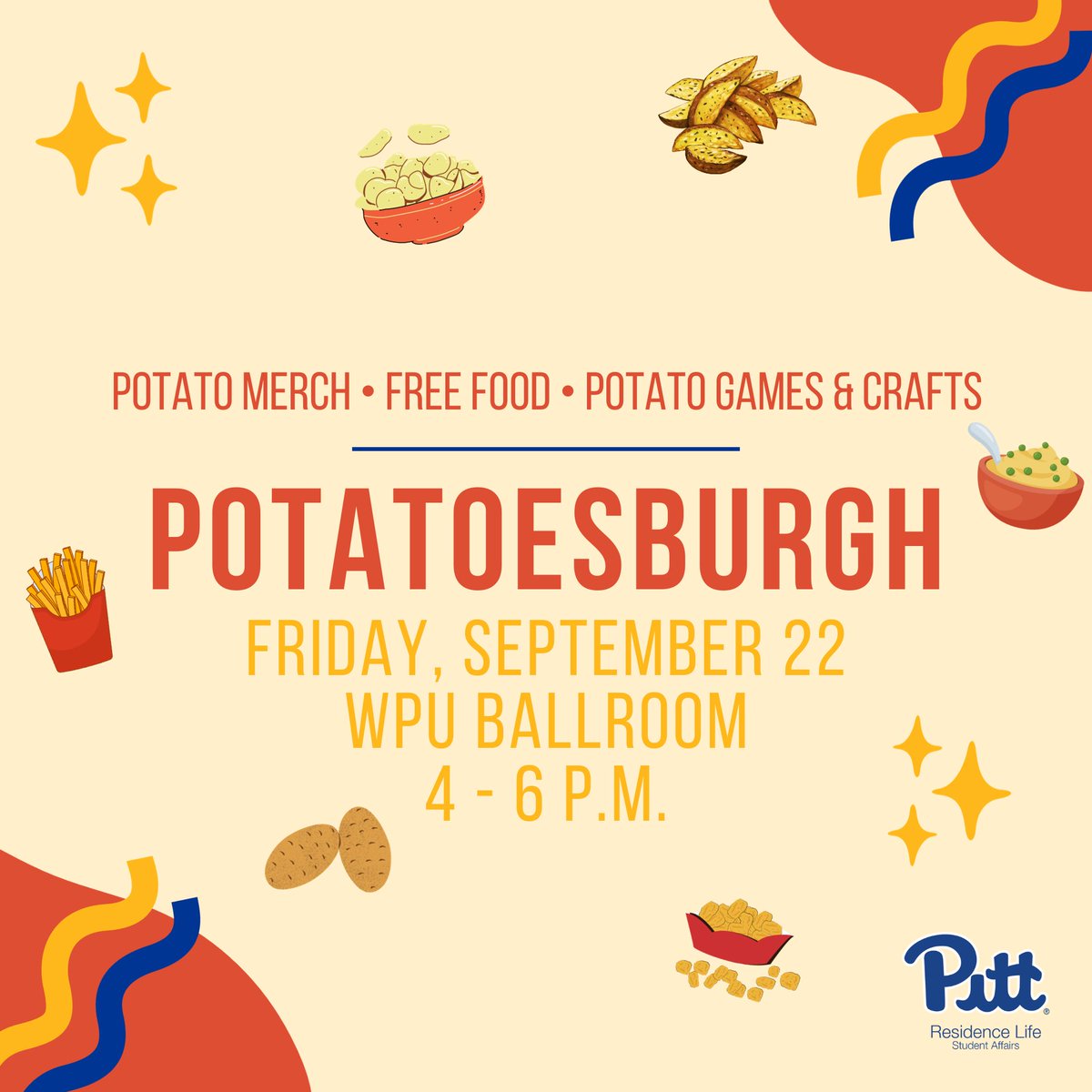 Potatoesburgh is happening today from 4 to 6 pm in the WPU ballroom!  Come join us for potato merch, free food, and potato games/crafts!