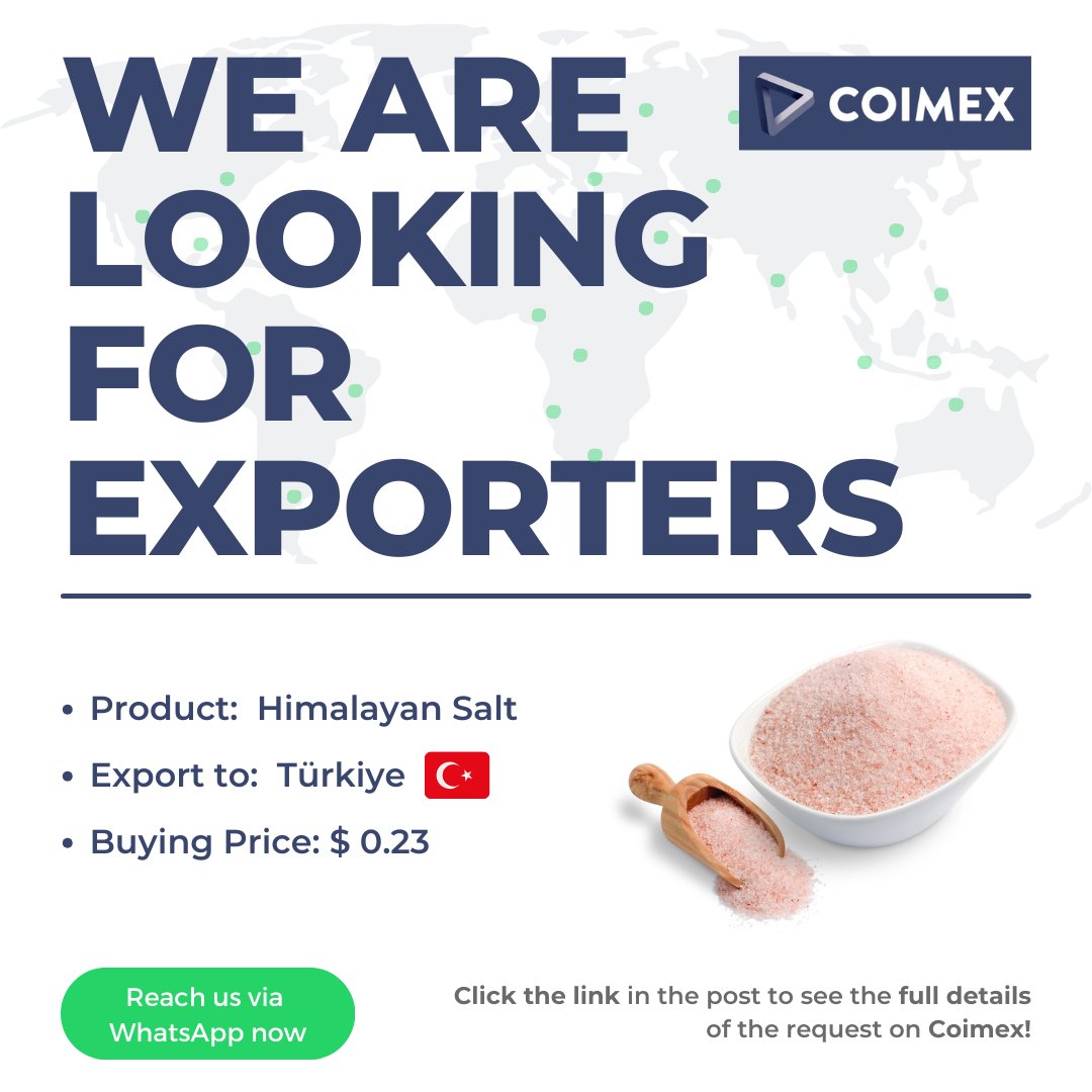 ⛰ Review the #himalayansalt purchase request from one of our members: app.coimex.co/#/auth/opportu…

If you are interested in the #opportunity contact us on WhatsApp at +90 532 447 92 99

#salt #lookingforexporters #exportimport #foreigntrade #globaltrade #b2b #business  #coimexapp