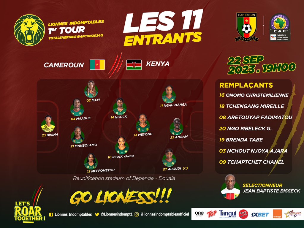 Le XI entrant des @LionnesIndompt1 qui affronteront les @StarletsKE
#CAMEROUN 🇨🇲🆚🇰🇪 #Kenya
#CMRKEN  
#ALLEZLESLIONNES
#LETSROARTOGETHER
 #AWCON2024Q