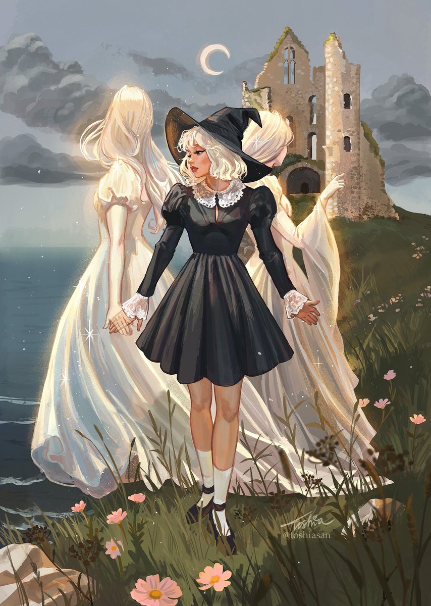 dress multiple girls black dress flower hat white dress grass  illustration images