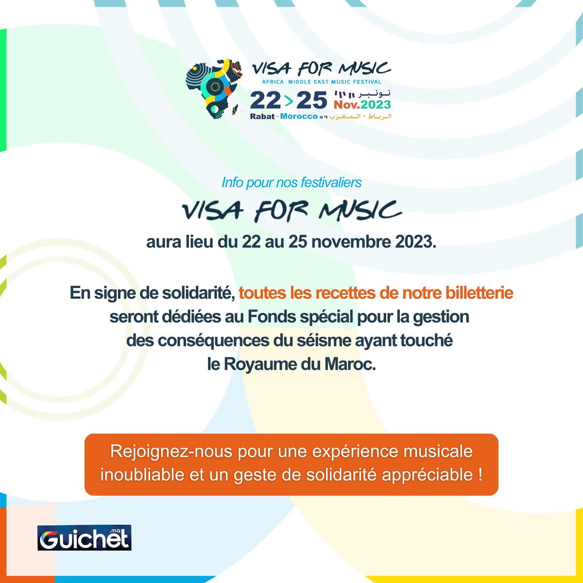Chers festivaliers, on se retrouve pour du 22 au 25 Nov. à Rabat pour célébrer ensemble les 10ans de VFM ! L'achat de votre billet sera reversé en totalité au Fonds spécial dédié à la gestion des conséquences du séisme.  Par ici pour votre ticket : guichet.com/concerts-festi…