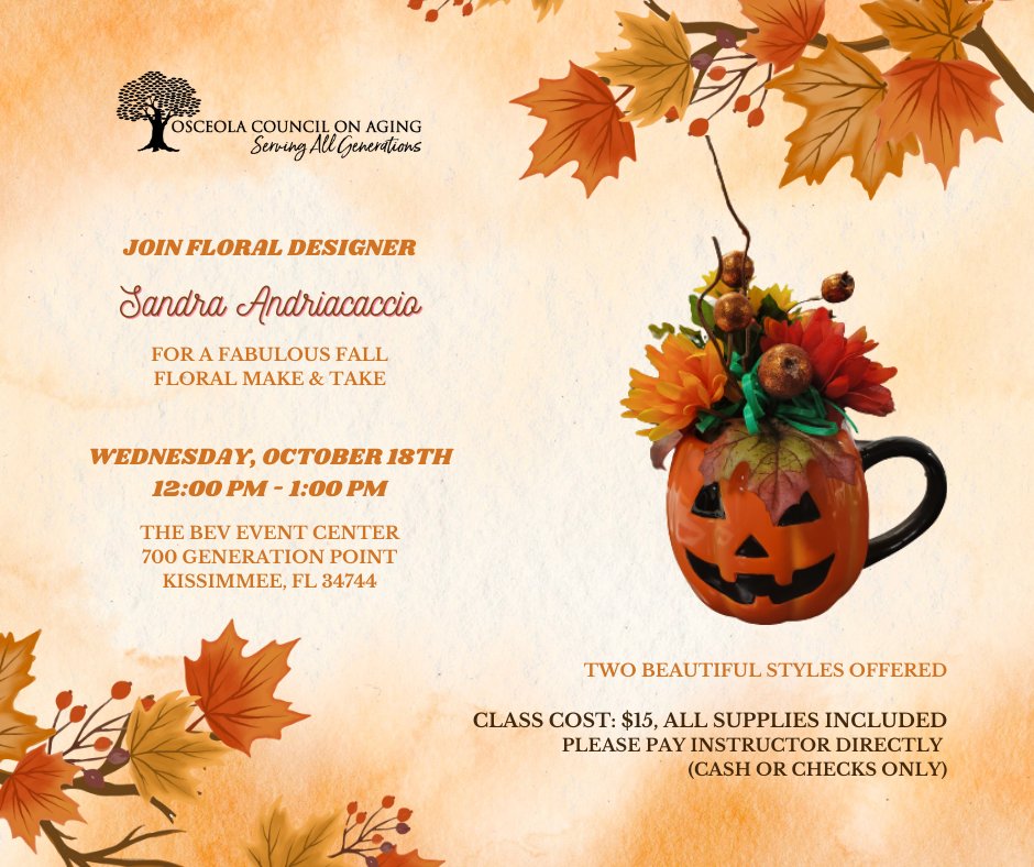 Join us Wednesday, October 18th for a fun arts and crafts activity with floral designer Sandra Andriacaccio! Tickets are only $15 and you'll be able to make and take home a beautiful fall floral decoration to get in the spirit of the new season. We can't wait to see you there!