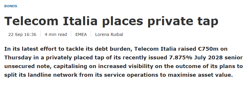 And beyond #worldpay's #LBO we had #TelecomItalia  quietly raising more funds from hungry investors now that its future looks less uncertain. Story here: ifre.com/story/4139005/… #hy