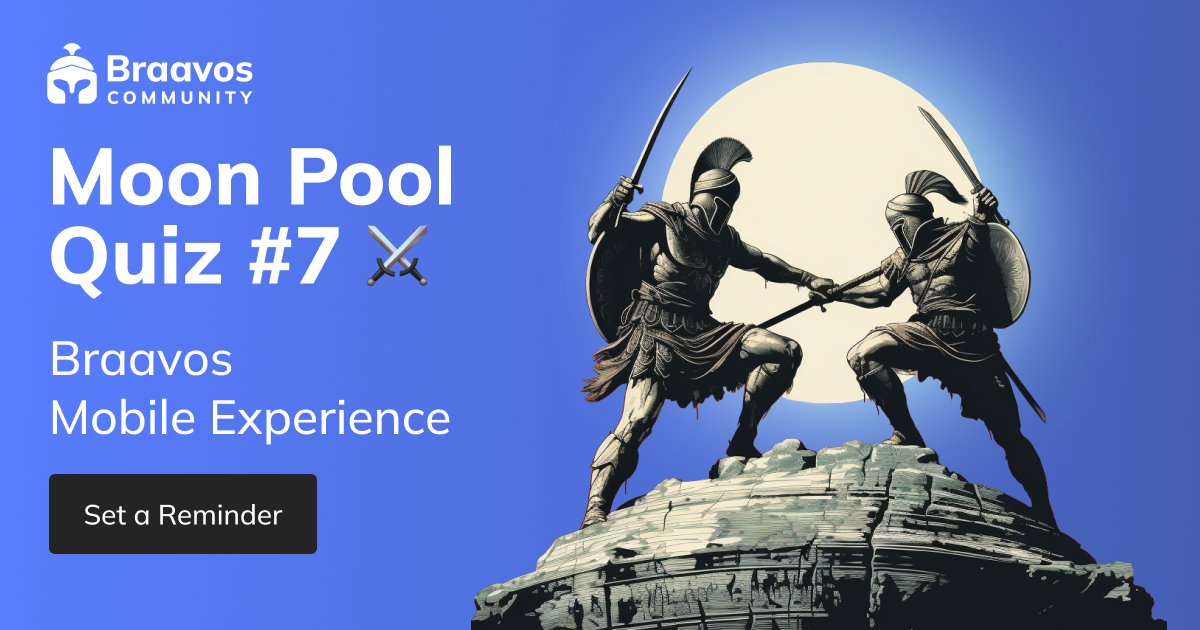 Do you think you are smarter than others? 🧠

Get ready to be challenged during the next Moon Pool Quiz ⚔️

Wen? 27th of September, 6pm UTC 🗓️

What? Braavos Mobile Experience

Why? To have fun and earn many points 🏅

Here is all the info 👉 discord.com/events/9629859…