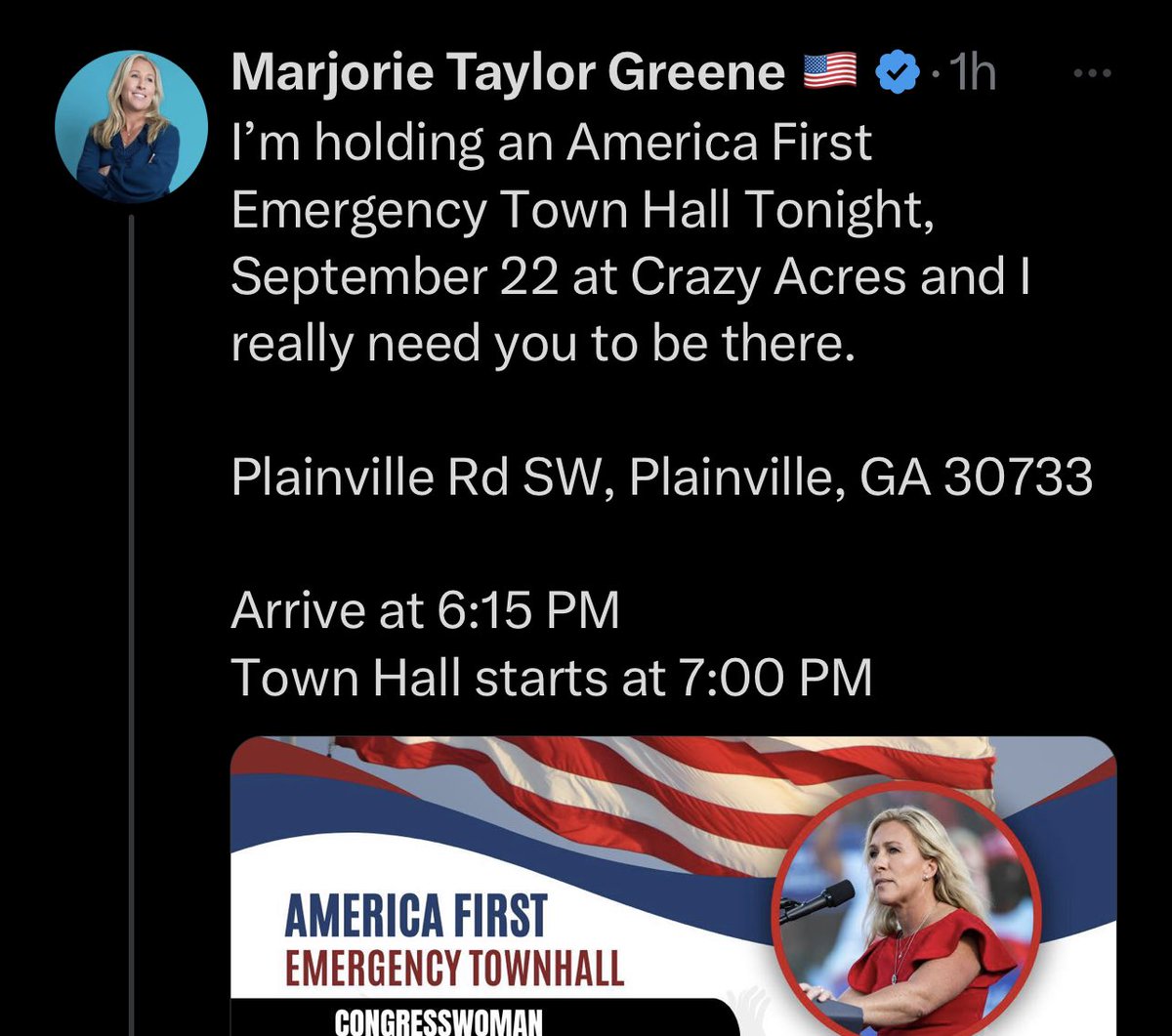 RealMartyT7's tweet image. #DemVoice1 #ProudBlue 
Marjorie Taylor Greene is holding an”Emergency Town Hall” tonight at the most appropriately named venue for an MTG event in history. ‘Crazy Acres’.  I don’t have to say anything else. The irony is evident. The jokes will write themselves. If anyone is in