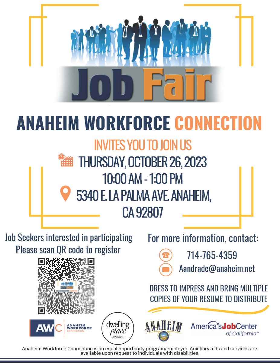 AWConnection's tweet photo. No job, no money? Get the job, get the money! Anaheim Workforce Connection will be hosting a multi-industry job fair on 10/26/23. Dress to impress and bring copies of your resume.
#awconnection #jobfair #resume #opportunities https://t.co/mH6XBcMjdb