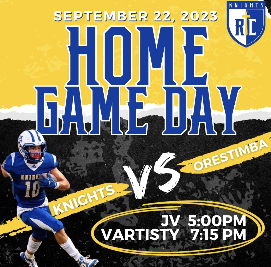 It’s GAME DAY!  Come out and cheer on the Knights as they face Orestimba tonight at our home stadium.  #GoKnights 🏈🗡️🇺🇸
JV 5:00p/Varsity 7:15p