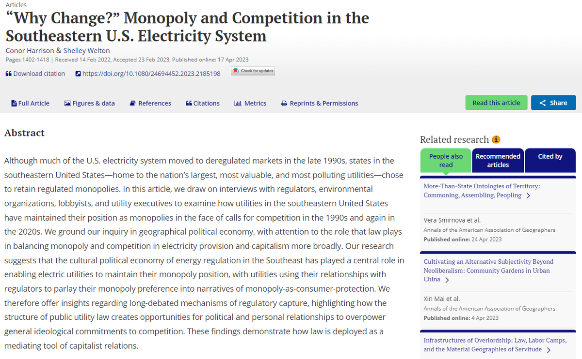 American Association of Geographers (@theaag) on Twitter photo Consumer protection or capitalist regulatory capture? <a href="/electricgeog/">Conor Harrison</a> and @shelley_welton examine monopolies and competition in the southeastern electricity system. bit.ly/3PfzSzO Consumer protection or capitalist regulatory capture? <a href="/electricgeog/">Conor Harrison</a> and @shelley_welton examine monopolies and competition in the southeastern electricity system. bit.ly/3PfzSzO