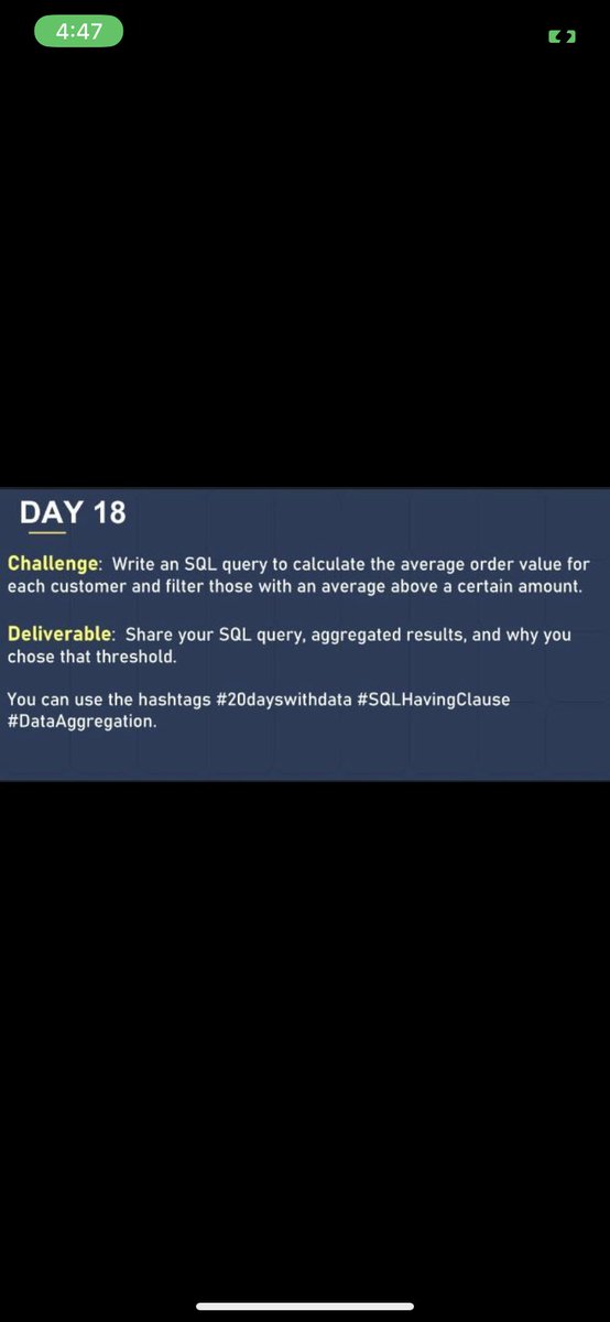 Franccaroline1's tweet image. DAY 18; I calculated the average order of each customer and i filtered using an average order greater than 6.5
#Hertechtrail #SQLHavingClause #DataAggregation. @ImaNjokko