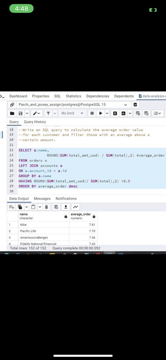 Franccaroline1's tweet image. DAY 18; I calculated the average order of each customer and i filtered using an average order greater than 6.5
#Hertechtrail #SQLHavingClause #DataAggregation. @ImaNjokko