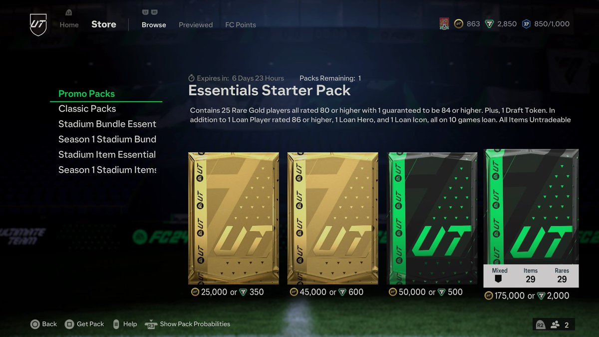 ntr0py1_'s tweet photo. day 2 of #EAFC24 and these jokers released insane promo packs to steal our money 🤣🤣

what happened to shame ? 

anyways here’s what we got 
- premium gold players pack (8)
- prime gold players pack (3)
- foundations started pack (1)
- essentials started pack (1) 

175k pack is crazy for second day early access 

#FC24