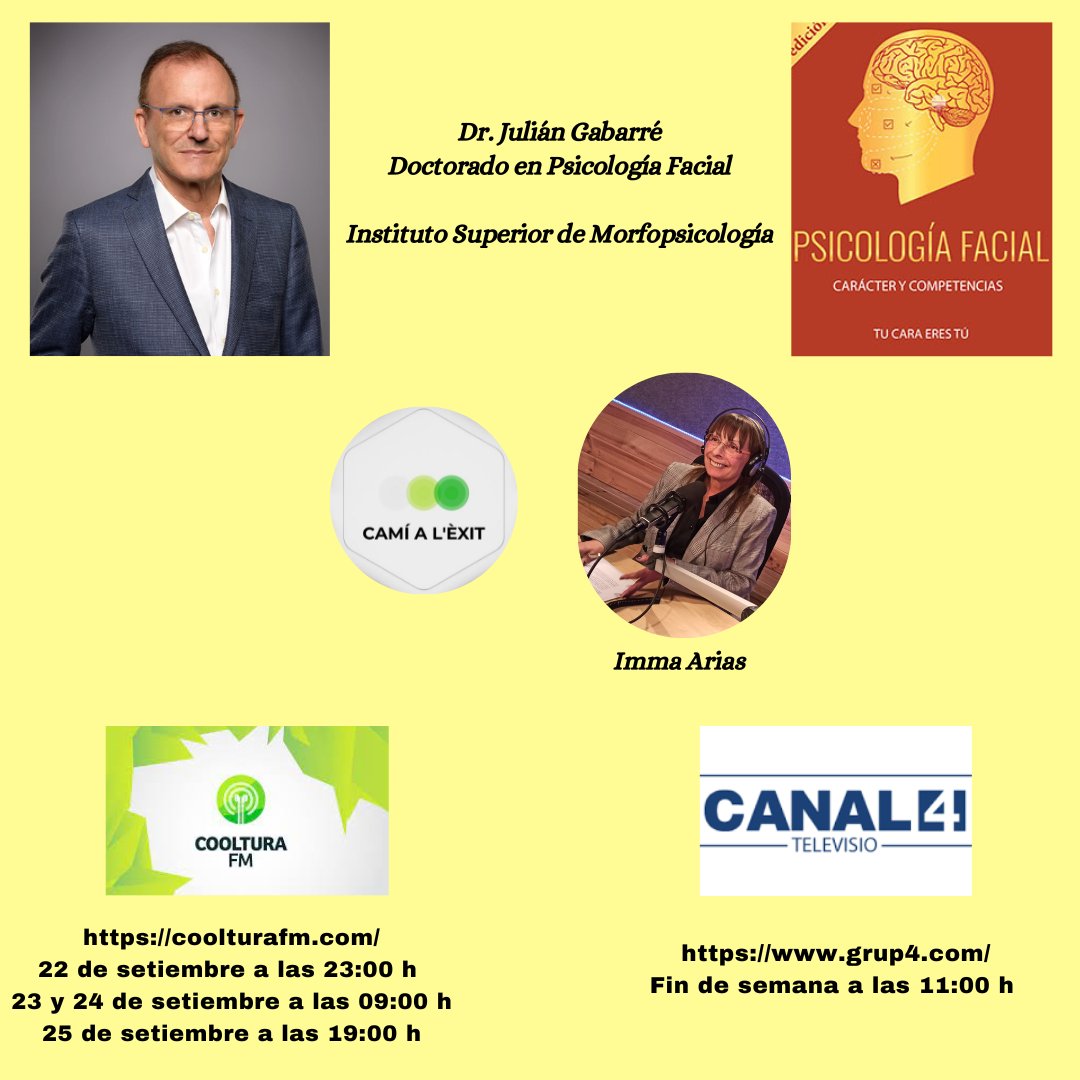 camialexit's tweet photo. No te pierdas esta nueva entrevista, con el Dr. Julián Gabarré con el importante tema de la Psicología Facial. Un nuevo mundo, una nueva manera de ayudar a las personas, a las empresas, a las familias. Instituto Superior de Morfopsicología - ISM
@camialexit @CoolturaFM @GRUP4COM https://t.co/clCVArNmM2