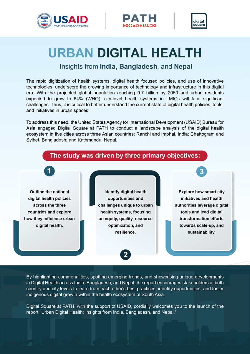 With rapid urbanization, city-level health systems in LMICs will face significant challenges. 
<a href="/DigitalSQR/">Digital Square</a>, with support from <a href="/USAID/">USAID</a>, conducted landscaping for urban #digitalhealth in #India, #Bangladesh + #Nepal. Stay tuned for insights and takeaways.📚

<a href="/PATHtweets/">PATH</a>