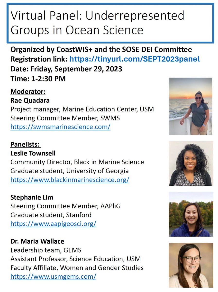 SWMS (@swmstweets) on Twitter photo Join SWMS and our friends <a href="/BlackinMarSci/">Black in Marine Science</a>, <a href="/aapigeosci/">Asian Americans & Pacific Islanders in Geosciences</a>, and #GEMS for a panel on Underrepresented Groups in Ocean Science next Friday at 1PM CENTRAL! Thanks to our Mississippi SWMS Chapter for hosting and organizing! We are looking forward to it! Join SWMS and our friends <a href="/BlackinMarSci/">Black in Marine Science</a>, <a href="/aapigeosci/">Asian Americans & Pacific Islanders in Geosciences</a>, and #GEMS for a panel on Underrepresented Groups in Ocean Science next Friday at 1PM CENTRAL! Thanks to our Mississippi SWMS Chapter for hosting and organizing! We are looking forward to it!