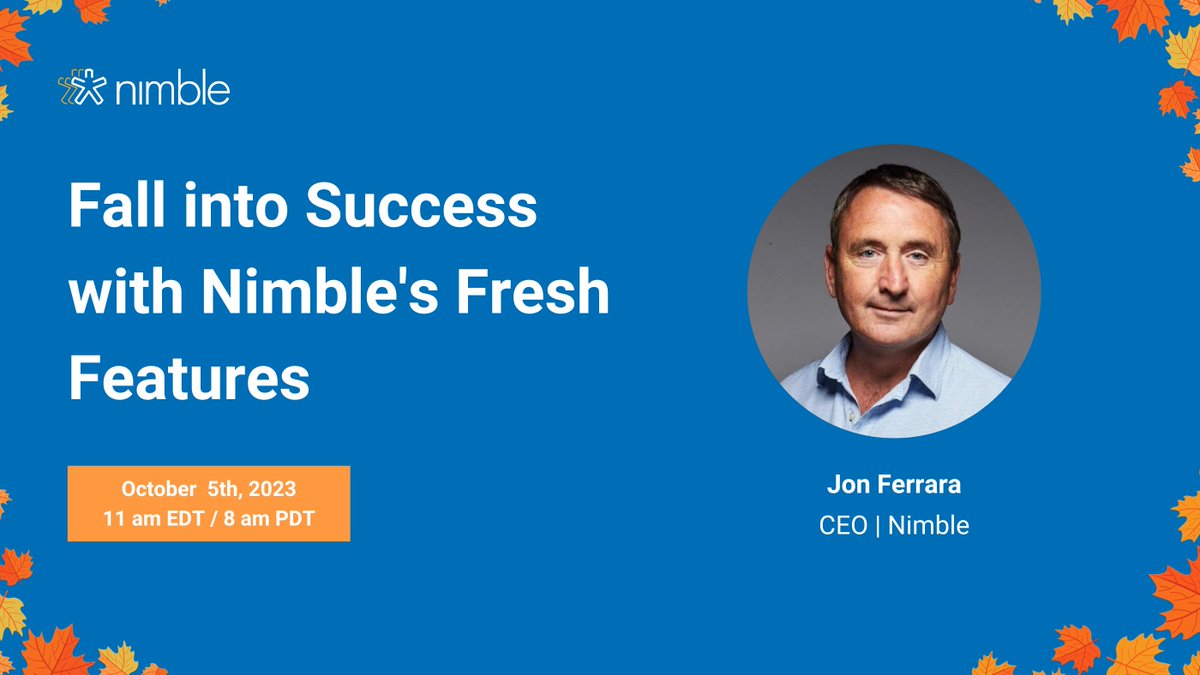 Jon_Ferrara's tweet image. 🚨 WEBINAR ALERT 🚨

Thrilled to invite you to our #webinar on October 5th! Join me for a deep dive into @Nimble’s new features, Web Forms &amp;amp; Email Reminders. 🙌🏻

I&apos;ll teach you how to use both to drive growth this fall.  ✉️🍁

Register: shorturl.at/dzBZ4

#CRM #SimpleCRM