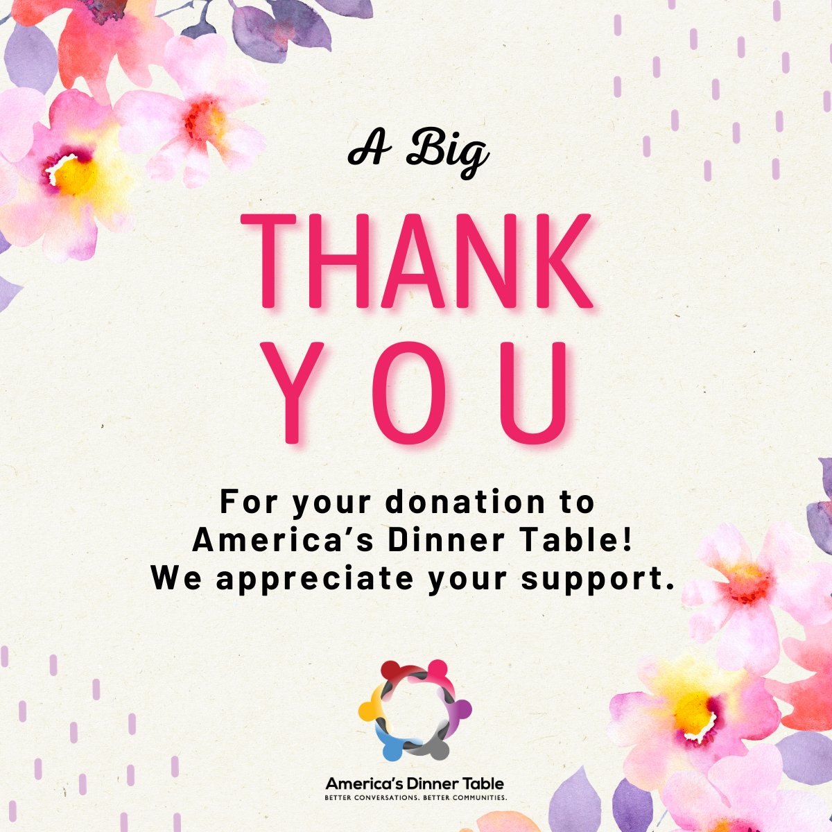 Americas_Dinner's tweet photo. A big THANK YOU to everyone who donated during North Texas Giving Day. Your gift to America's Dinner Table is appreciated and will help support our vision of an America without racism, one conversation at a time. #NTXGivngDay23 #BetterConversations #BetterCommunities https://t.co/ZiFChxRseR