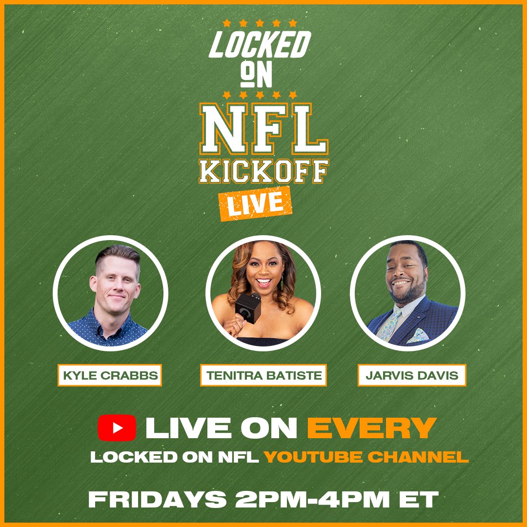 COMING UP AT 2PM EASTERN!  

Join us for Locked On NFL Kickoff Live! The 2-HOUR live show hosted by <a href="/tenitrabatiste/">Tenitra Batiste</a> <a href="/GrindingTheTape/">GrindingTheTape</a> &amp; <a href="/JarvisD90/">Jarvis Davis</a> brings you ALL the insight ahead of Sunday!  

Tune in on ANY Locked On NFL Podcast's YouTube Channel!  

📺youtube.com/live/3rMKeM55j…