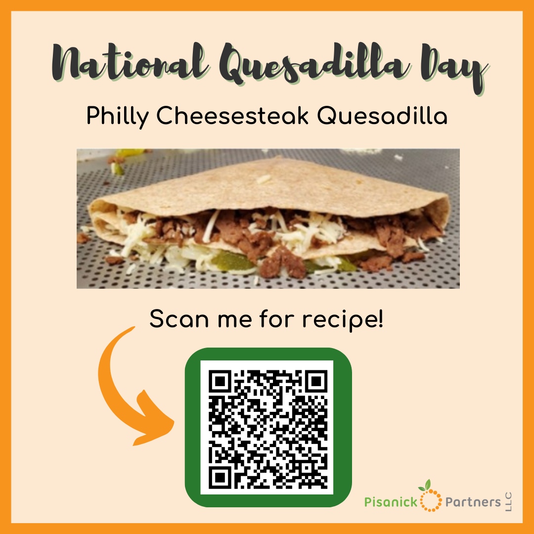 PisanickPartner's tweet image. National Quesadilla Day is Monday, September 25th and is a great time to try a twist on the traditional quesadilla! Why not give this recipe for a Philly Cheesesteak Quesadilla a try! 
#NationalQuesadillaDay #PPLLC #PisanickPartners #schoolnutrition #schoollunch #schoolmeals
