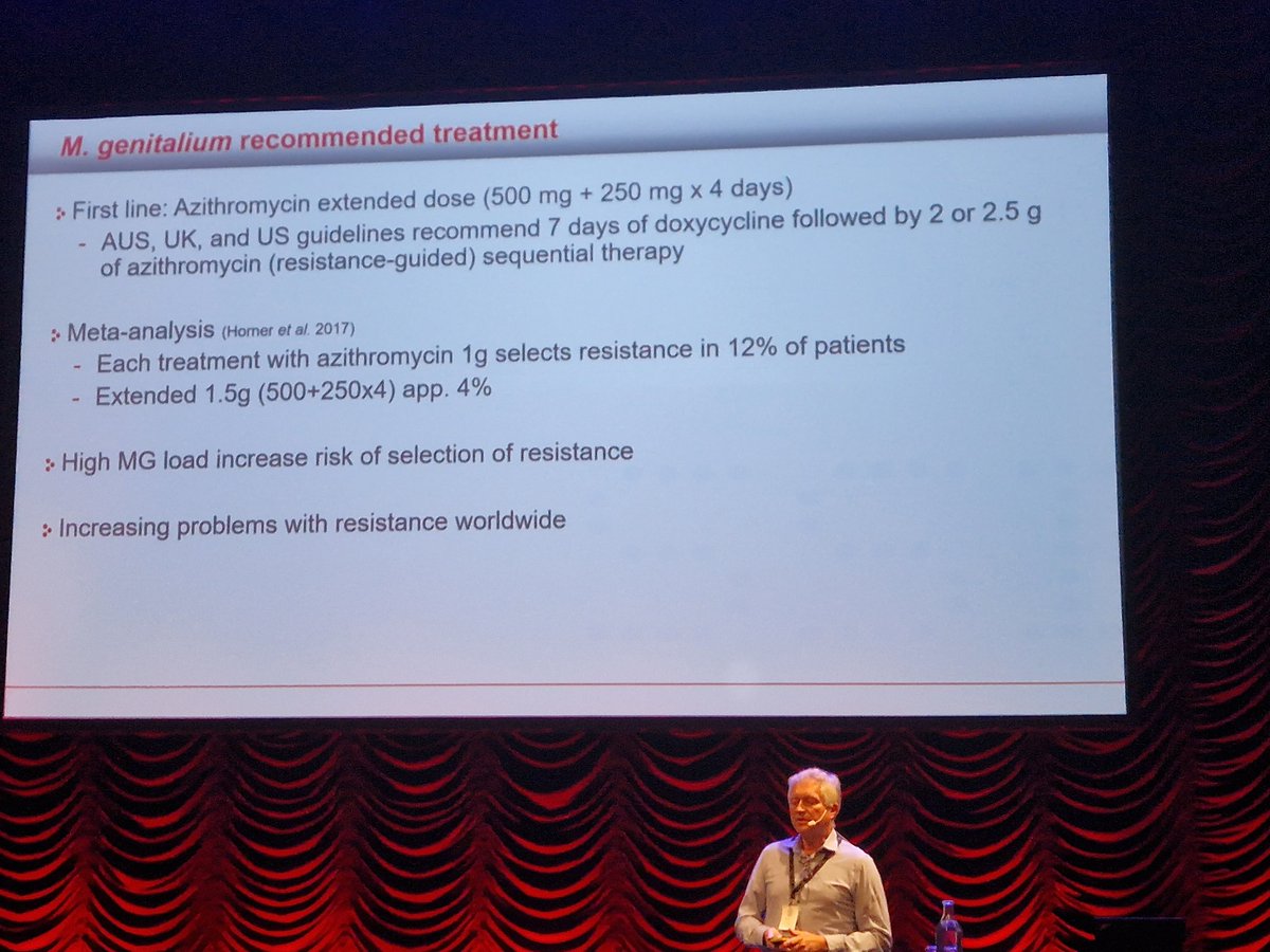 Jongen Jensen on Mycoplasma genitalum and its increasing resistance to macrolides induced by low  dosage and high load; first doxycycline, then high dosage azithromycin.....expert opinies, trials difficult to perform ...#nscmid2023