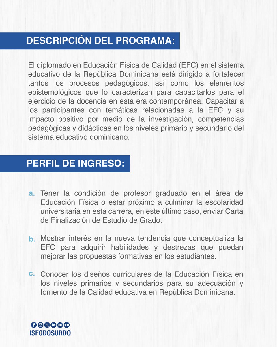 Isfodosurdo's tweet photo. 👌 Actualiza tus conocimientos con el Diplomado en Educación Física de Calidad en el sistema educativo de la República Dominicana.
📅 Captación hasta el 20 de octubre 2023.
Inscríbete en ➡ https://t.co/9S4jF2xyXN
#EgresadosISFODOSU
#FormamosMaestrosDelSXXI
#ISFODOSU #EspecialistasEnEducación