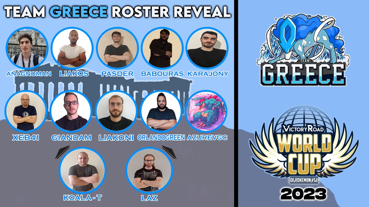 Here's our roster for <a href="/VGCVictoryRoad/">Victory Road VGC</a> World Cup 2023 !!!

@KoalaT_Kosta
<a href="/Laz0044/">Laz</a>
<a href="/Anagnoman/">Anagnoman</a>
<a href="/PasDerVGC/">Paschalis Dermentzis</a>
<a href="/LiakosRfg/">Liakos</a>
<a href="/Babouras01/">Babouras</a>
<a href="/orlando_metay/">Orlando Metay</a>
<a href="/Xeb_41/">Xeb41</a>
<a href="/AzureVgc/">AzureVGC</a>
<a href="/karajony1995/">Karajony</a>
<a href="/GiandamVGC/">John Damas</a>
<a href="/Liakovish/">ilias</a>

Καλή επιτυχία στην εθνικάρα μας !!!!!