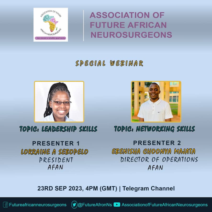 FutureAfroNS's tweet image. 🌟 Join us for an exciting journey into the world of #Leadership and #NetworkingSkills! 🚀

📅 Date: 23RD SEP 2023
🕒 Time: 4PM GMT
📍 Venue: Telegram Channel 🌐

Unlock the secrets to becoming a visionary leader and master networker in the field of #Neurosurgery. 🧠