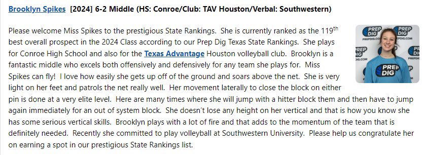 Brooklyn Spikes (@b_spikesvb) on Twitter photo Thank you <a href="/PrepDig/">Prep Dig 🏐</a> for the write up! I’m very honored to be included in the Prep dig Texas State Rankings. Thank you <a href="/PrepDig/">Prep Dig 🏐</a> for the write up! I’m very honored to be included in the Prep dig Texas State Rankings.
