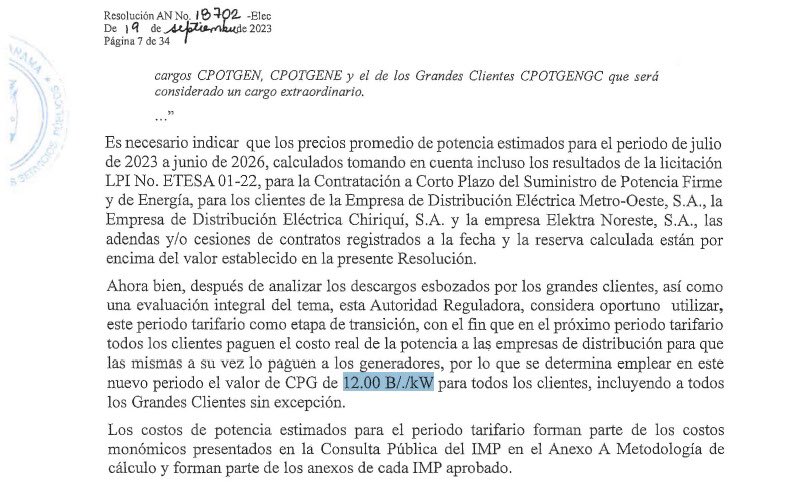NanikSinghC's tweet photo. ⚠️La Asep publicó en Gaceta Oficial aprobación de Pliegos Tarifarios para periodo Julio 2023 a Junio 2026. 

Para los #GrandesClientes se estableció CPG de 12USD/kW. 
Es decir a varios GC que pagaban 8.96 le aumentará alrededor de un 33% este cargo. 

#PotenciaVerde✅ https://t.co/EkP5EmYPll