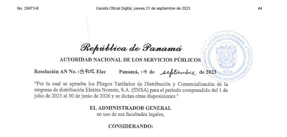 NanikSinghC's tweet photo. ⚠️La Asep publicó en Gaceta Oficial aprobación de Pliegos Tarifarios para periodo Julio 2023 a Junio 2026. 

Para los #GrandesClientes se estableció CPG de 12USD/kW. 
Es decir a varios GC que pagaban 8.96 le aumentará alrededor de un 33% este cargo. 

#PotenciaVerde✅ https://t.co/EkP5EmYPll