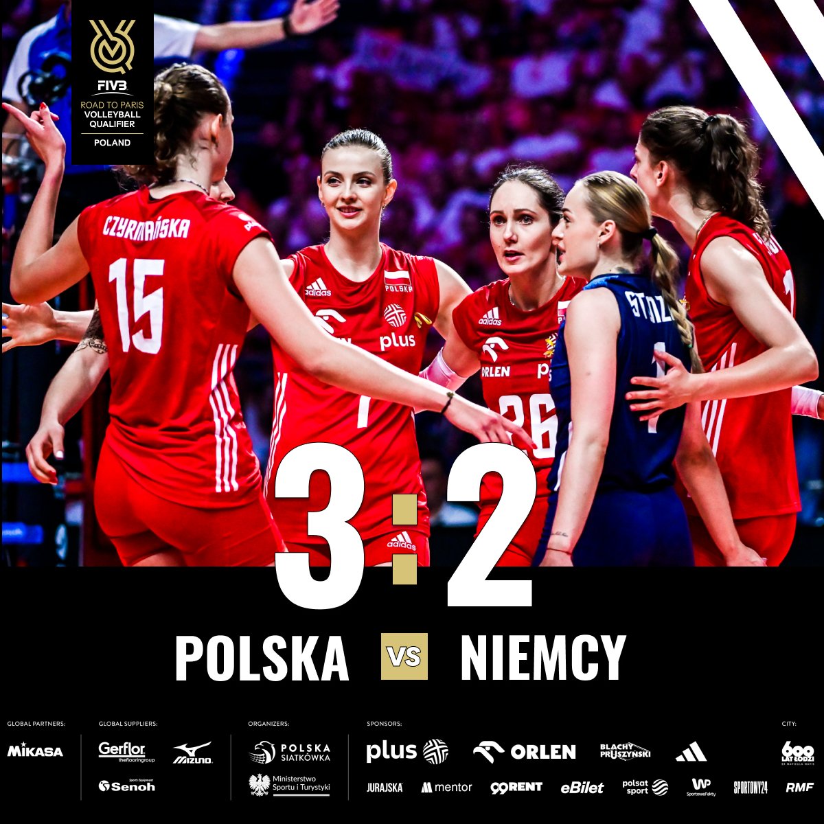 Emocji znowu nie zabrakło! 🔥🔥🔥 Polki pokonują reprezentację Niemiec w pięciu setach i dopisują kolejne punkty na swoim koncie! 💪
 
 Polska-Niemcy 3️⃣:2️⃣ (20-25; 27-25; 25-21; 22-25; 15-12)
