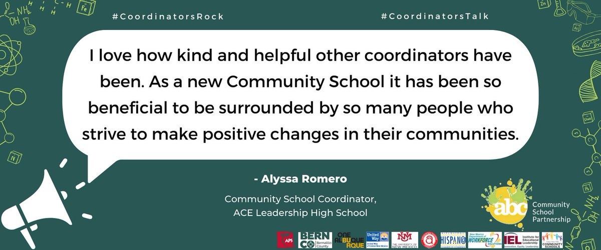 ABC Community School (@abc_partnership) on Twitter photo We asked our Community School Coordinators why #CoordinatorsRock - it's so great to hear this, Alyssa! #CoordinatorsTalk
<a href="/CommSchools/">Community Schools</a> <a href="/ABQschools/">Albuquerque Public Schools</a> <a href="/GBryanGarcia/">Bryan Garcia</a> <a href="/NMPED/">New Mexico Public Education Department</a> We asked our Community School Coordinators why #CoordinatorsRock - it's so great to hear this, Alyssa! #CoordinatorsTalk
<a href="/CommSchools/">Community Schools</a> <a href="/ABQschools/">Albuquerque Public Schools</a> <a href="/GBryanGarcia/">Bryan Garcia</a> <a href="/NMPED/">New Mexico Public Education Department</a>