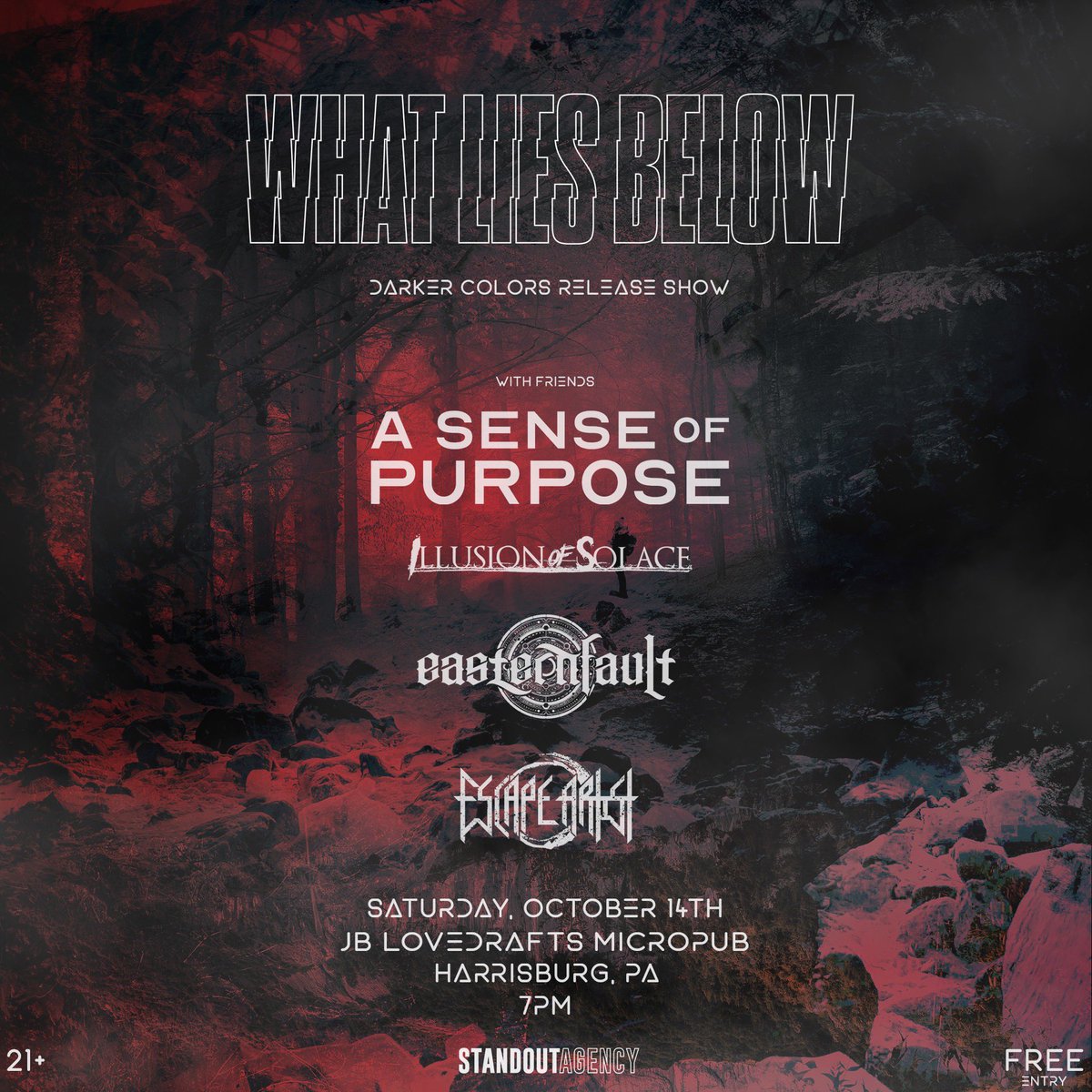 We’ve been quiet for some time!  We’ll be joining <a href="/whatliesbelowpa/">What Lies Below</a> , <a href="/asopband/">A Sense of Purpose</a> , <a href="/easternfault/">easternfault</a> , <a href="/escapeartist/">Escape Artist Games</a> on October 14th in Harrisburg! FREE show, 21+ to enter.