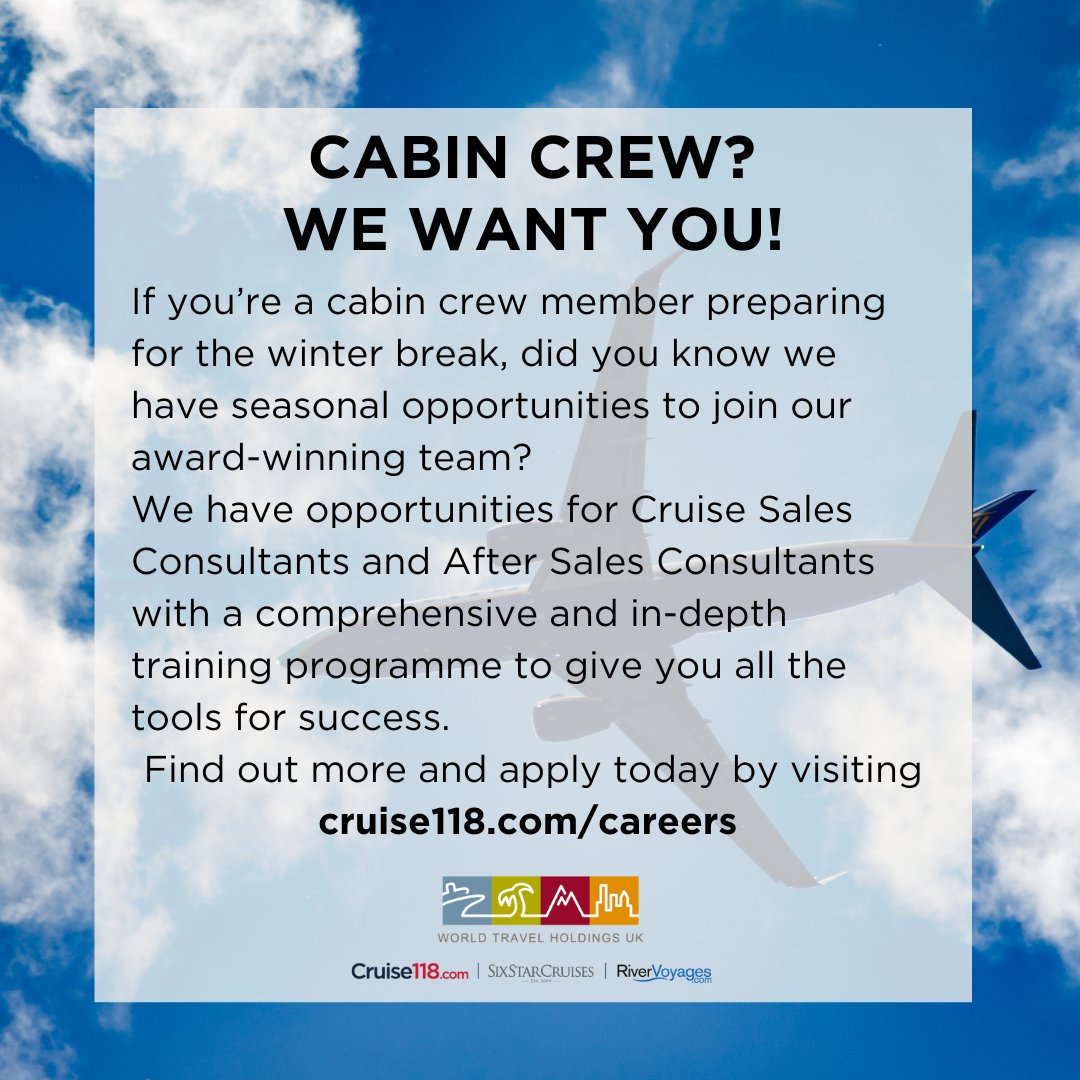 uk_wth's tweet photo. ✈️ ✈️ CALLING ALL CABIN CREW!
Are you a cabin crew member preparing for winter break? 
Did you know we offer seasonal opportunities to join our award-winning Cruise Sales Consultants and After Sales Consultants teams? Find out more and apply here ➡️ https://t.co/eGUXLubx5g https://t.co/owFzL96J51