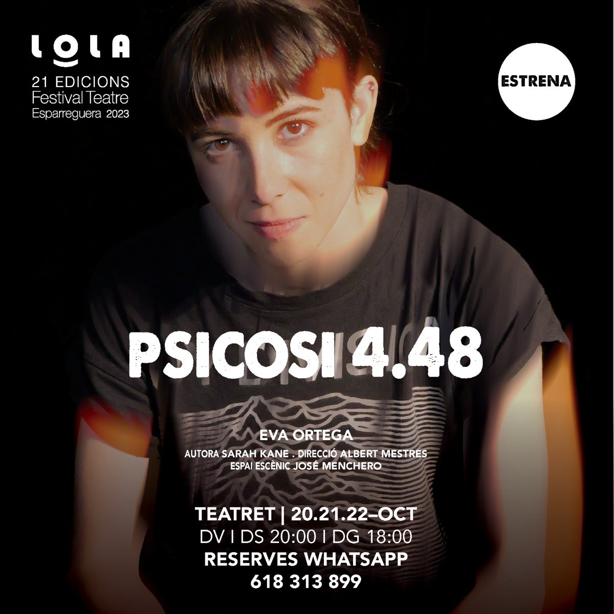 LolaFestival's tweet photo. “PSICOSI 4.48” de Sarah Kane
A la cara, actriu, cadera, focus.
Amb Eva Ortega 
 
20 i 21 octubre 20:00
22 octubre 18:00
Teatret

Trobem-nos al #LOLA

#FestivalLOLA #LOLA #Psicosis448 #Teatre #Teatret #Esparreguera https://t.co/0KEBlV3s2e
